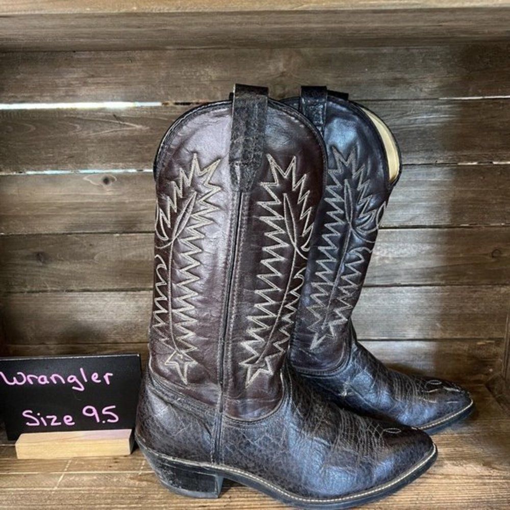 Mens Wrangler Brown Leather Pointed Toe Roper Western Cowboy‎ Boots Size 9.5 D